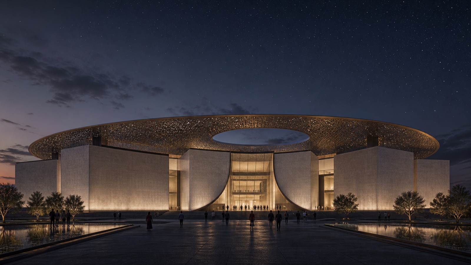 Celestial Crown exterior with five limestone volumes beneath a floating perforated bronze canopy