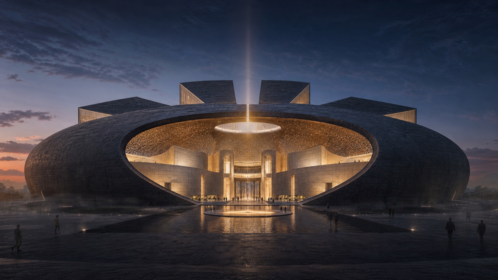 Eclipse Gate exterior with a dark elliptical stone mass carved open around a luminous archive