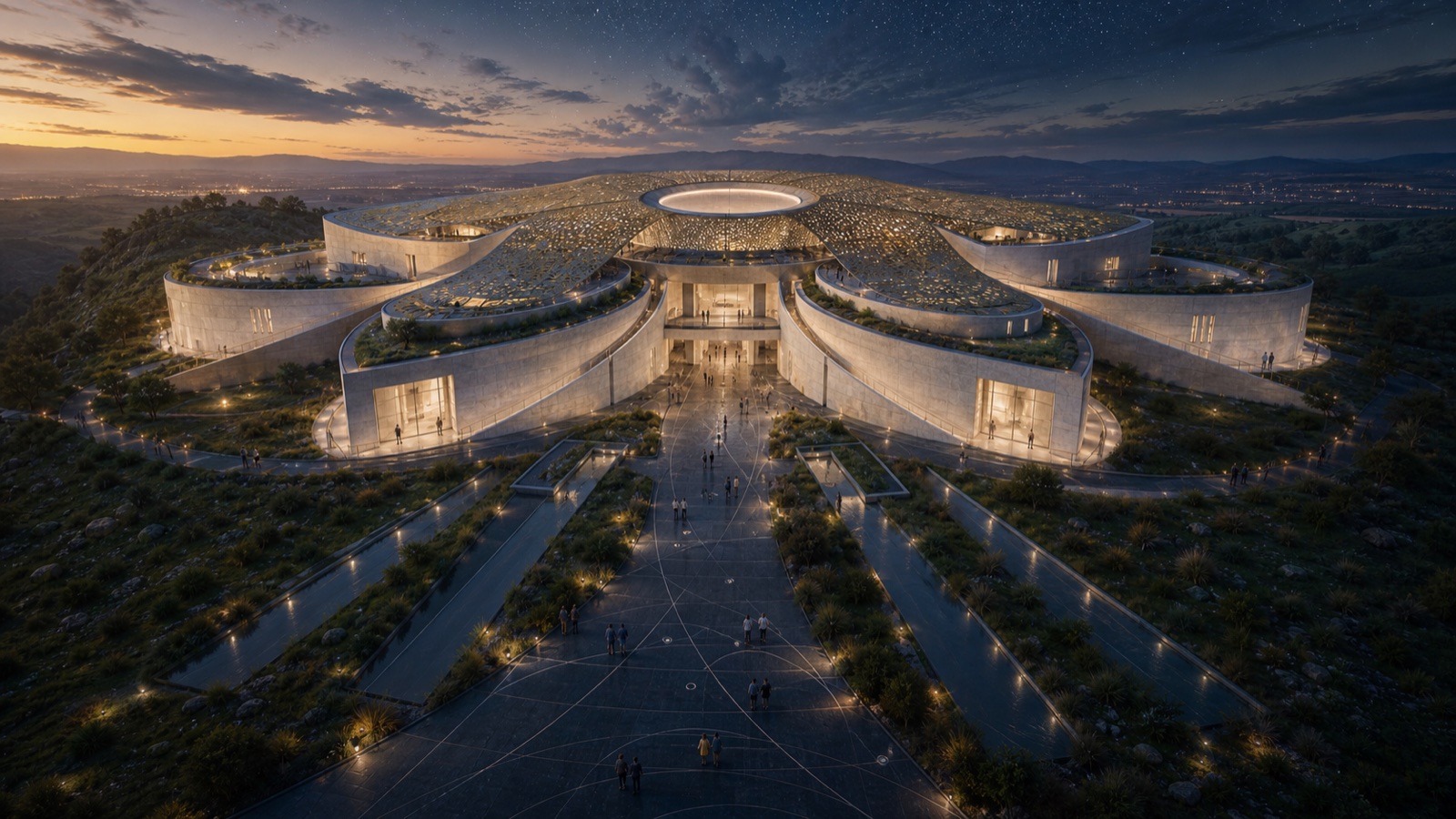 Constellation Terraces exterior with five curved planted gallery wings around a central oculus