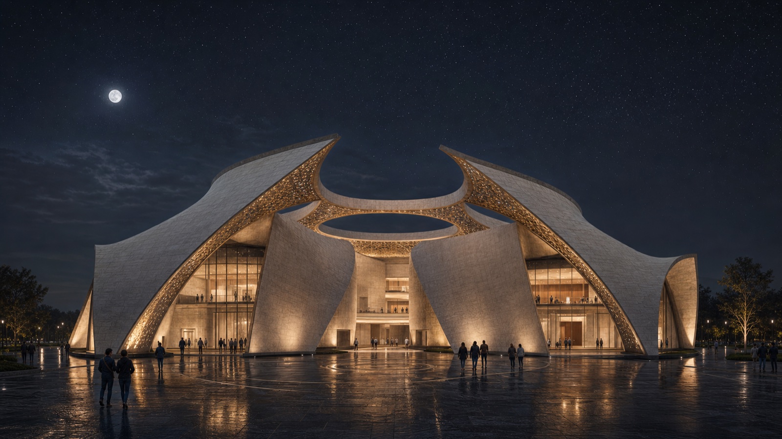 Starfold Archive exterior with monumental folded limestone vaults rising around a circular sky opening