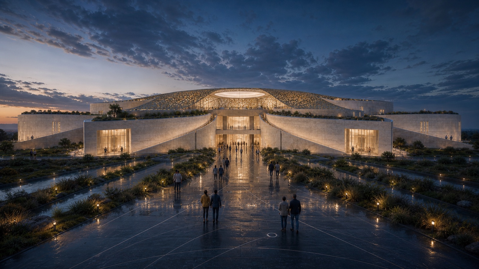 Human-height twilight arrival toward the central entrance and bronze canopy