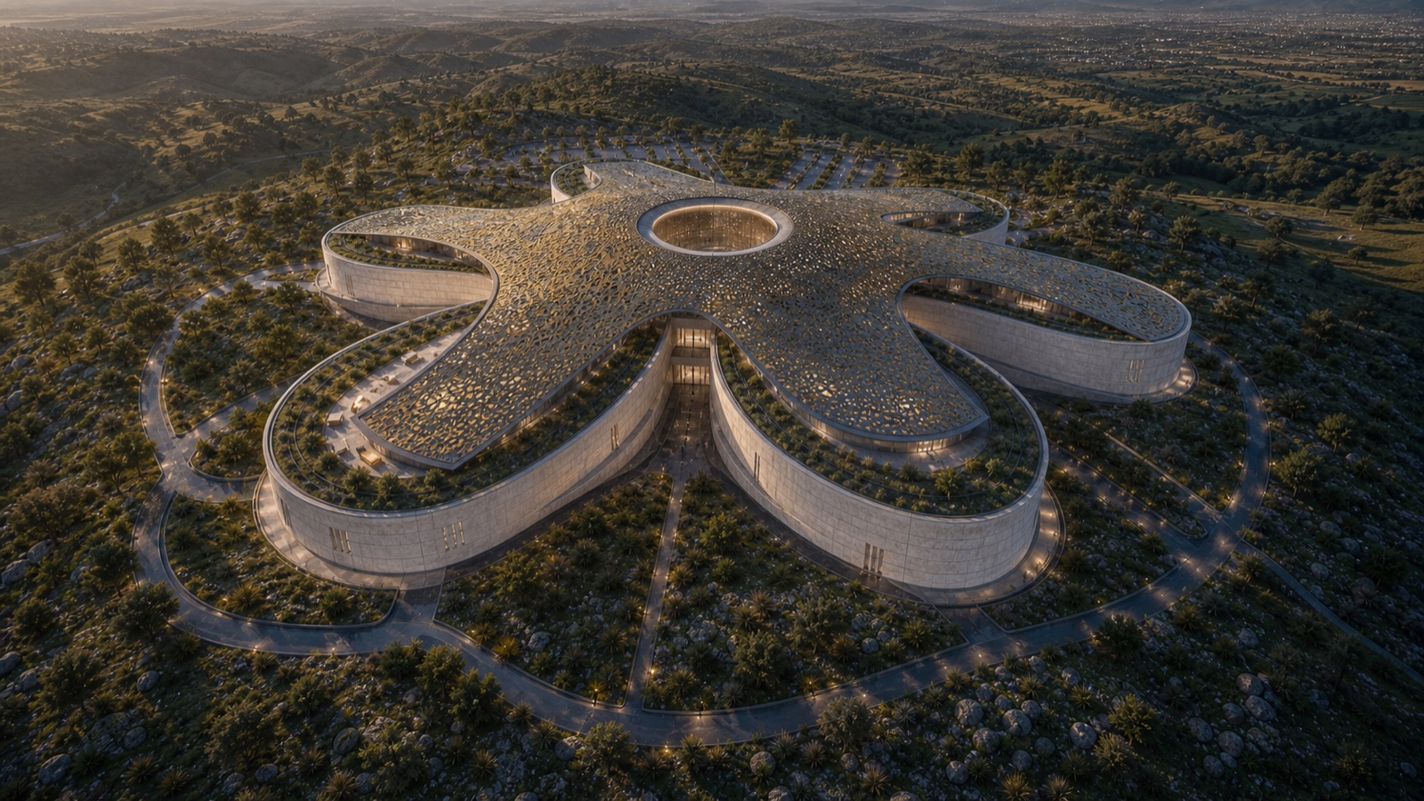 Reverse aerial view showing five planted gallery wings around the oculus