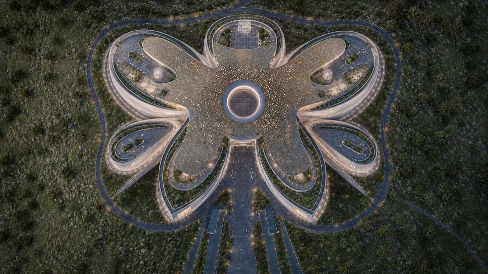 Top-down roof plan of five petal-like wings and central circular oculus