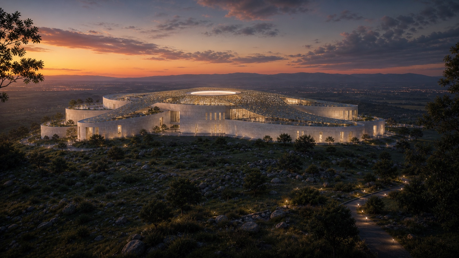 Low side view of the limestone terraces merging into landscaped ground