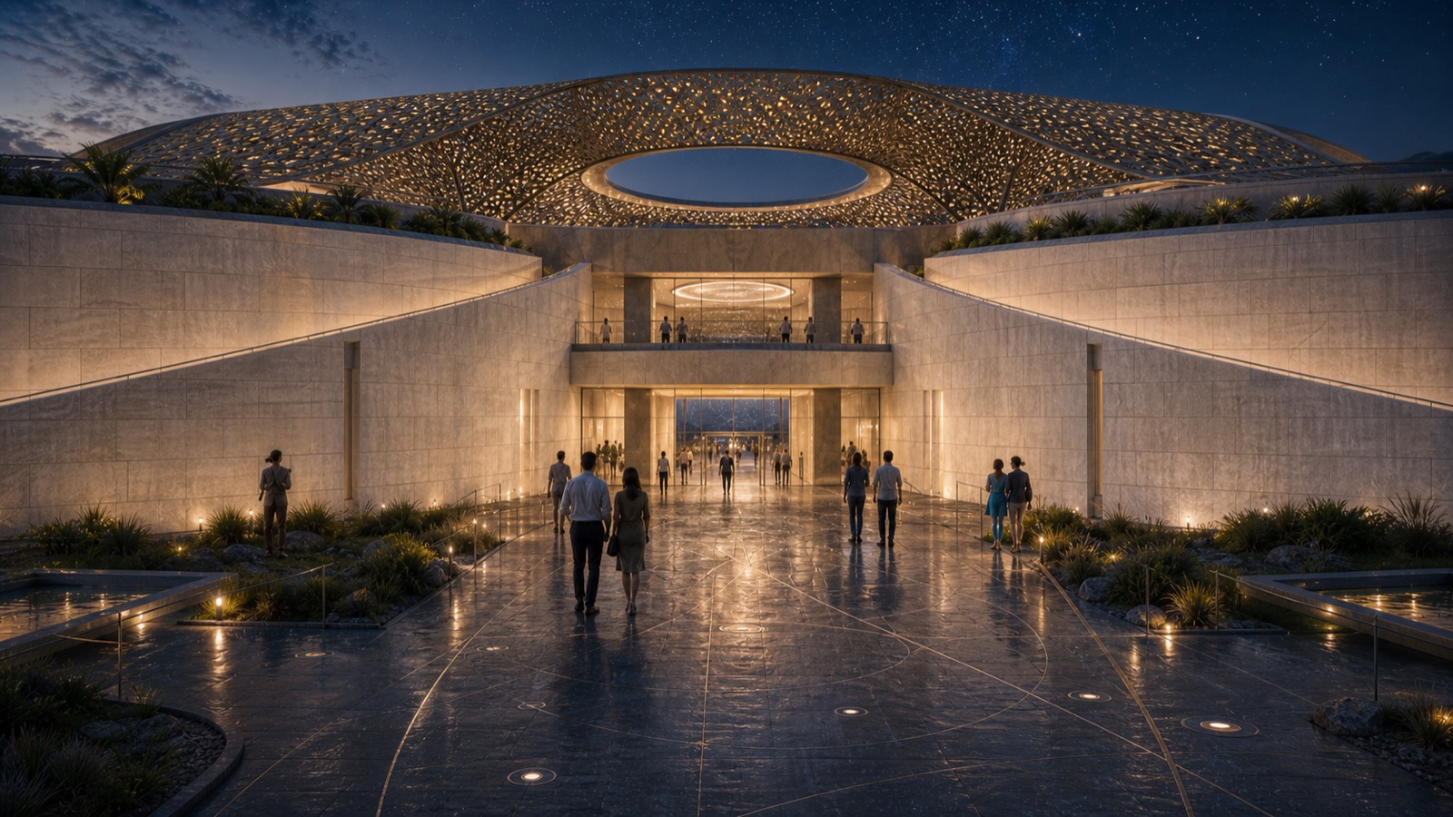 Close entrance view with stone ramps, water, glass, and warm interior light