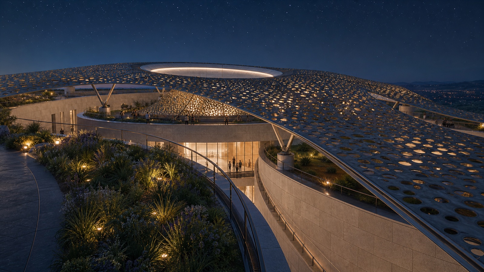 Close architectural detail of perforated bronze constellation canopy over the central terrace